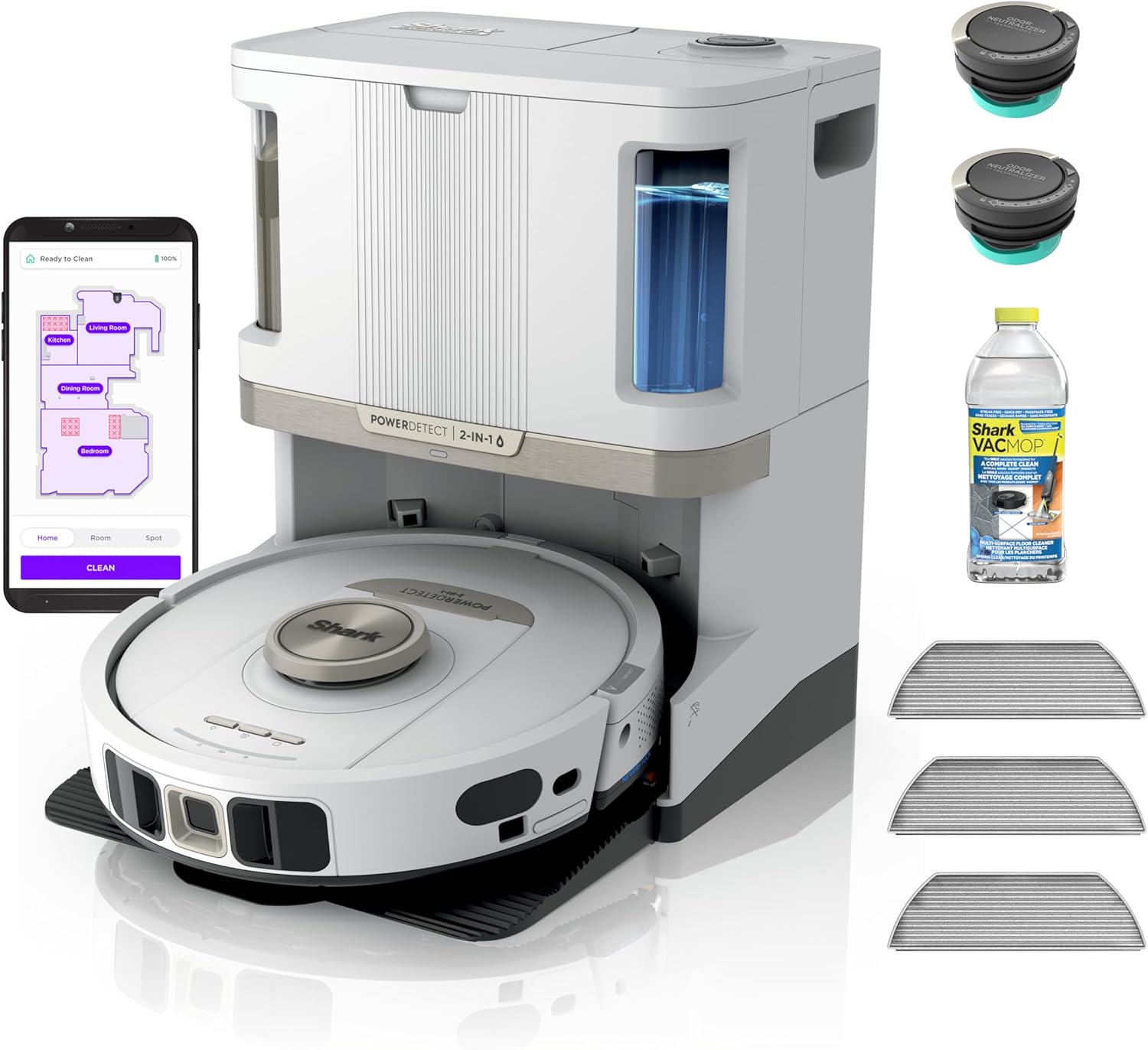 Shark PowerDetect NeverTouch Pro 2-in-1 white robot vacuum and mop docked in its self-emptying NeverTouch Pro base
