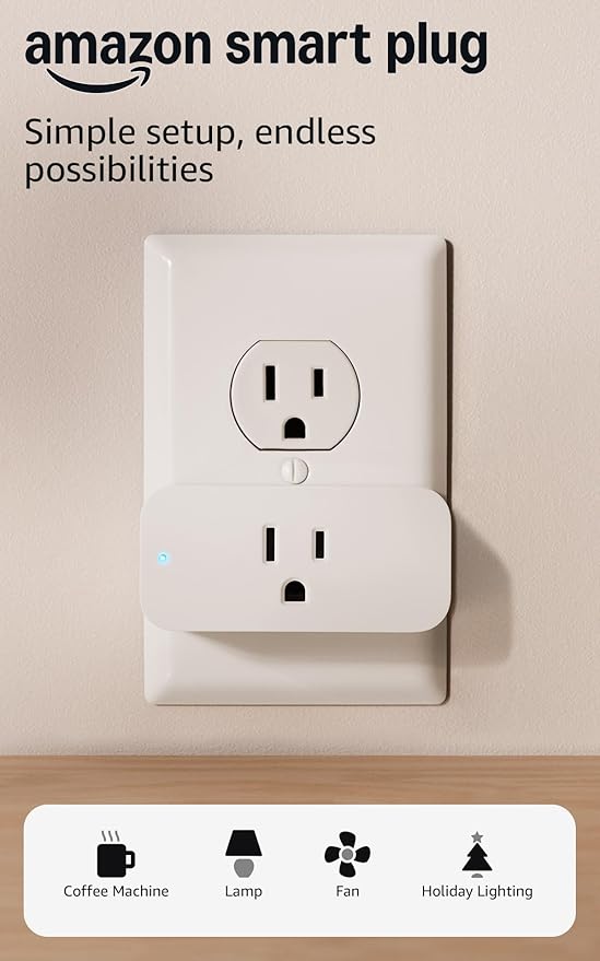 Amazon Smart Plug single white compact unit with Amazon logo on the front face and side-mounted action button