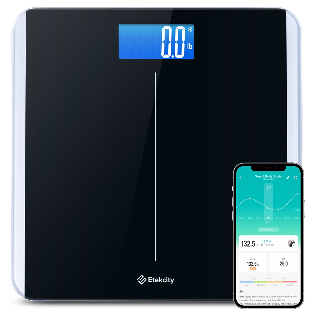 Etekcity smart scale in black with a blue backlit LED display showing weight, next to a smartphone displaying the VeSync app body-composition dashboard