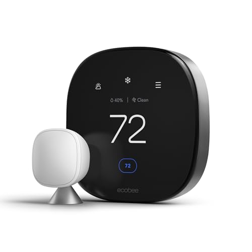 ecobee Smart Thermostat Premium black square touchscreen showing 72 degrees beside a white SmartSensor