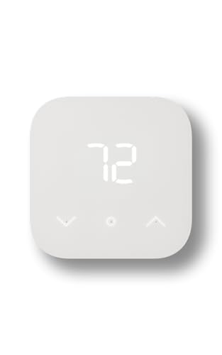 Amazon Smart Thermostat white rounded-square panel showing 72 degrees with up, down, and mode buttons