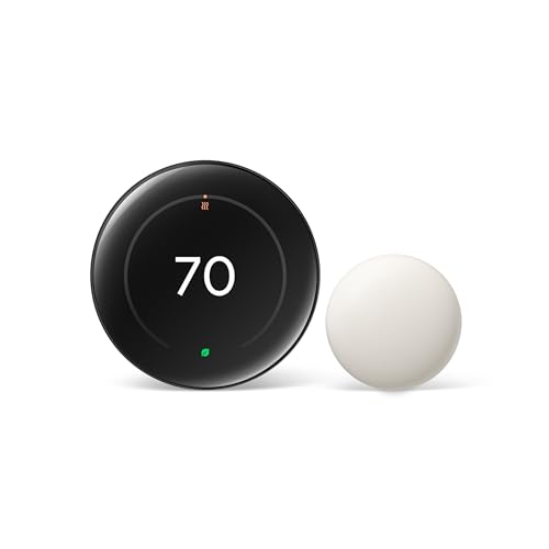 Google Nest Learning Thermostat 4th gen round black display showing 70 degrees beside a white Nest Temperature Sensor