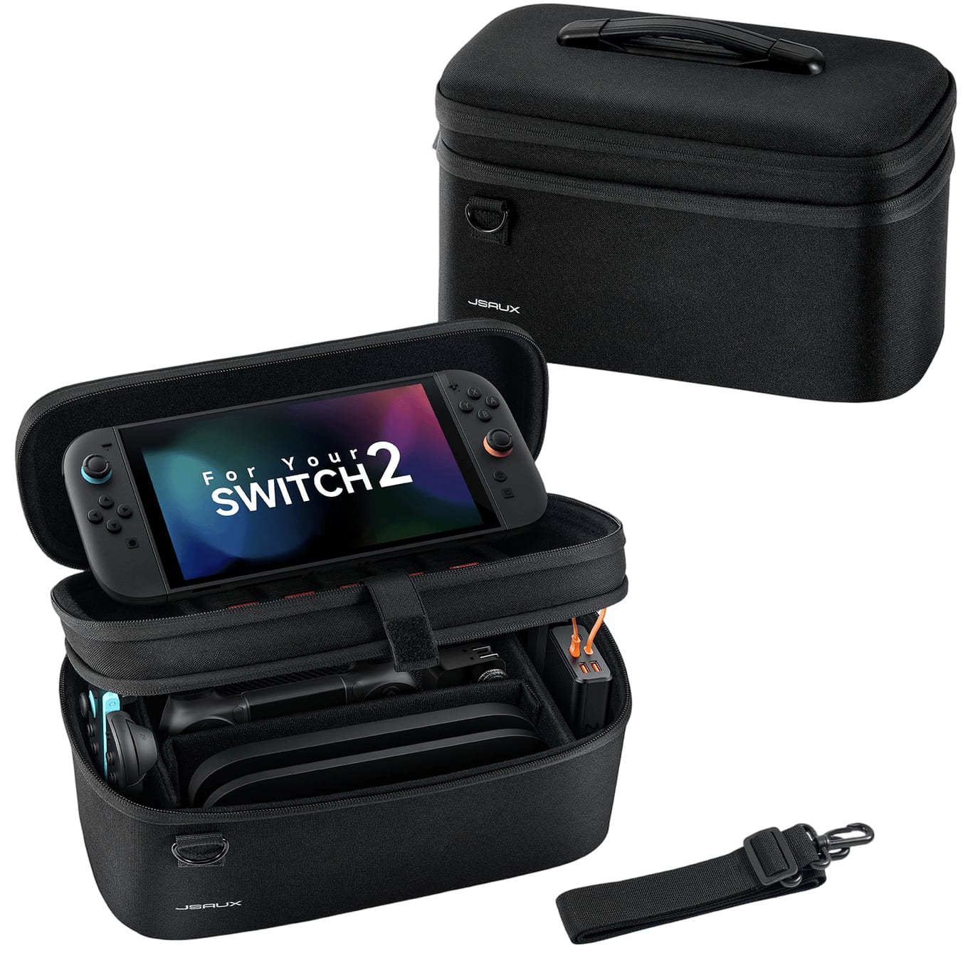JSAUX All-in-One Carrying Case for Nintendo Switch 2 holding console, dock, Pro Controller, and accessories