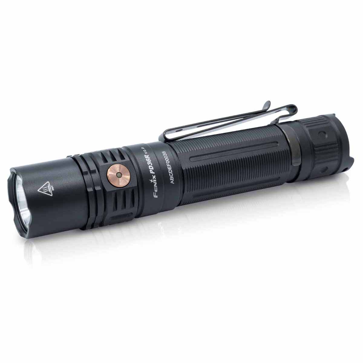 Fenix PD36R V2 rechargeable tactical flashlight in black with dual switch and USB-C charging port