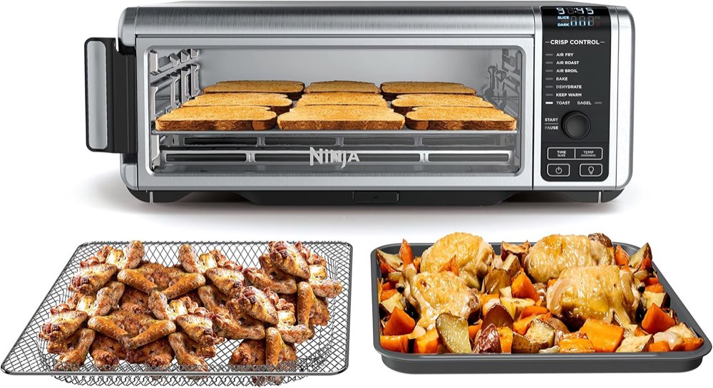 Ninja SP101 Foodi 8-in-1 air fryer and toaster oven with flip-up storage design and digital controls