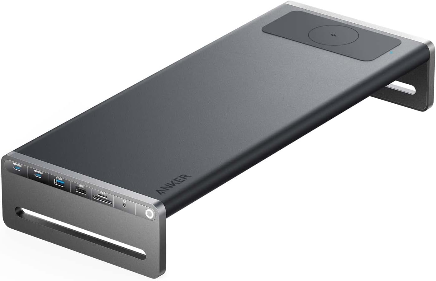 Anker 675 USB-C Docking Station with monitor stand, integrated wireless charger, and 12-port hub design