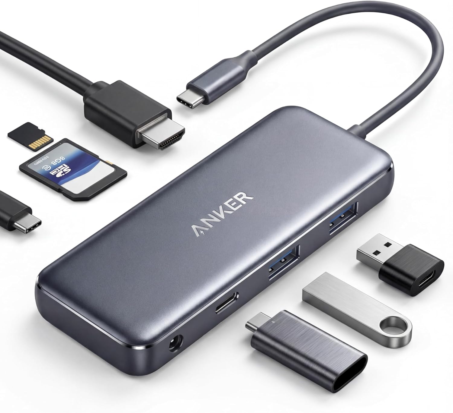 Anker 341 USB-C Hub 7-in-1 with HDMI, SD card reader, USB-A and USB-C ports in flat dongle form