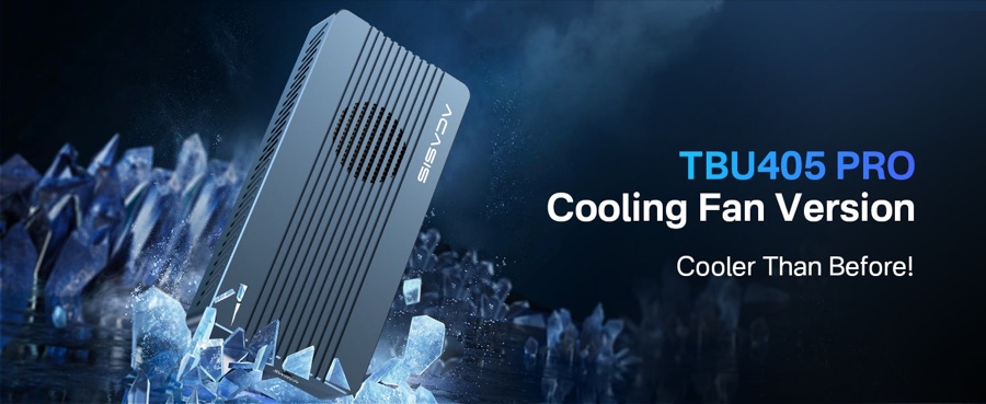 ACASIS TBU405 Pro 40Gbps M.2 NVMe SSD enclosure with cooling fan in dark aluminum housing