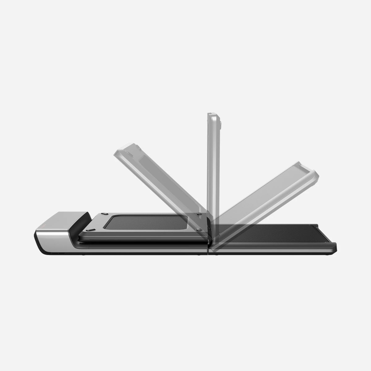 WalkingPad P1 slim foldable under-desk treadmill shown folding in half at a 180-degree hinge on a white background