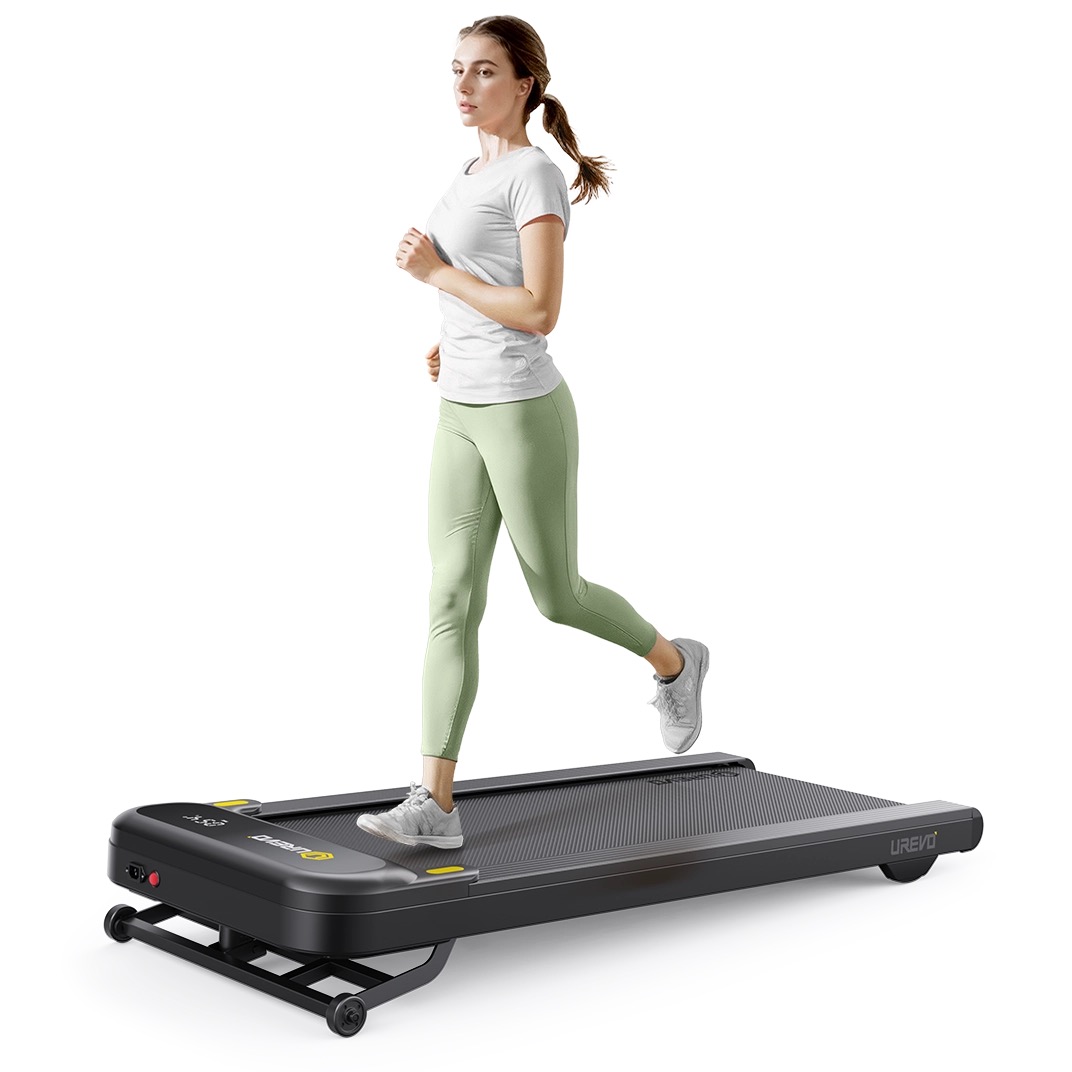 UREVO Walking Pad with Incline under-desk treadmill in black with a raised rear frame and a person jogging on the belt