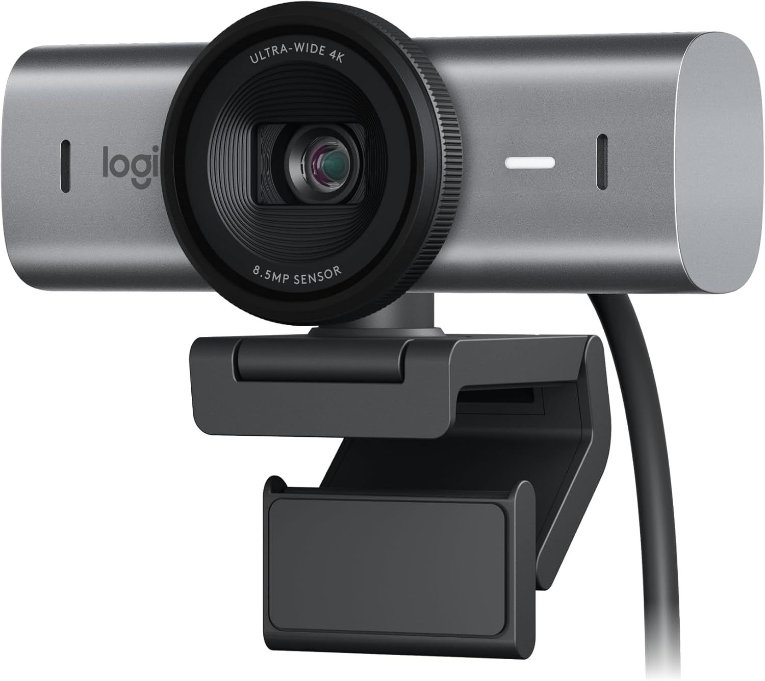 Logitech MX Brio 4K webcam with cylindrical metal body and USB-C connection