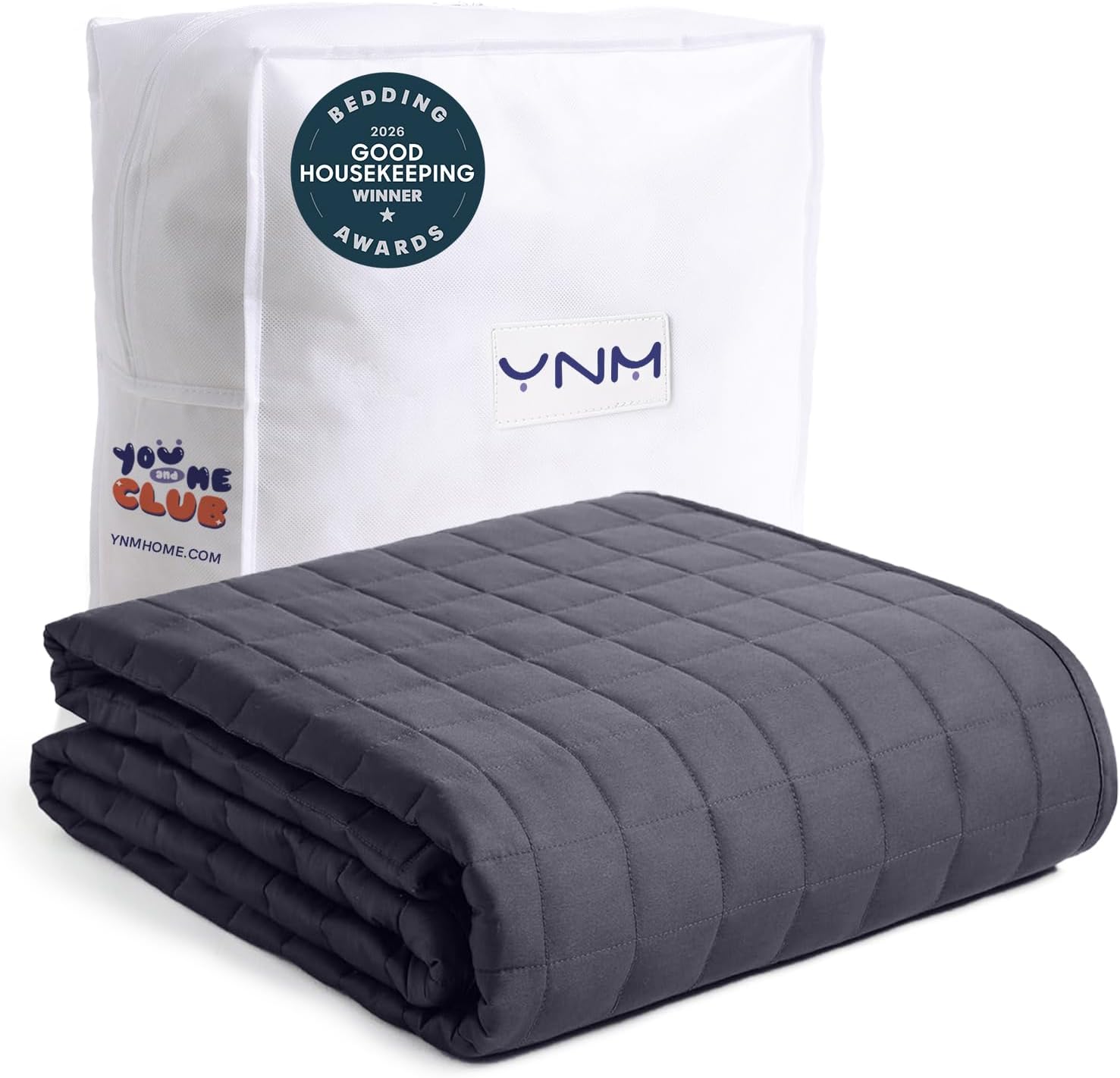 YnM 15lb weighted blanket in dark grey with quilted small-square stitching and breathable cotton cover