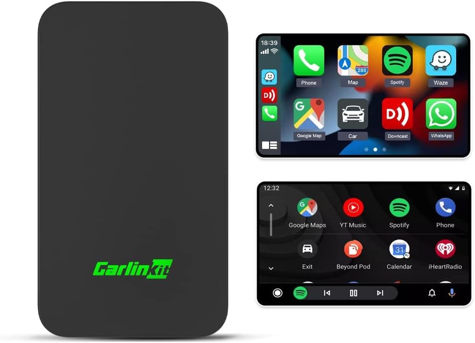 CarlinKit 5.0 2air wireless adapter shown with CarPlay and Android Auto interfaces