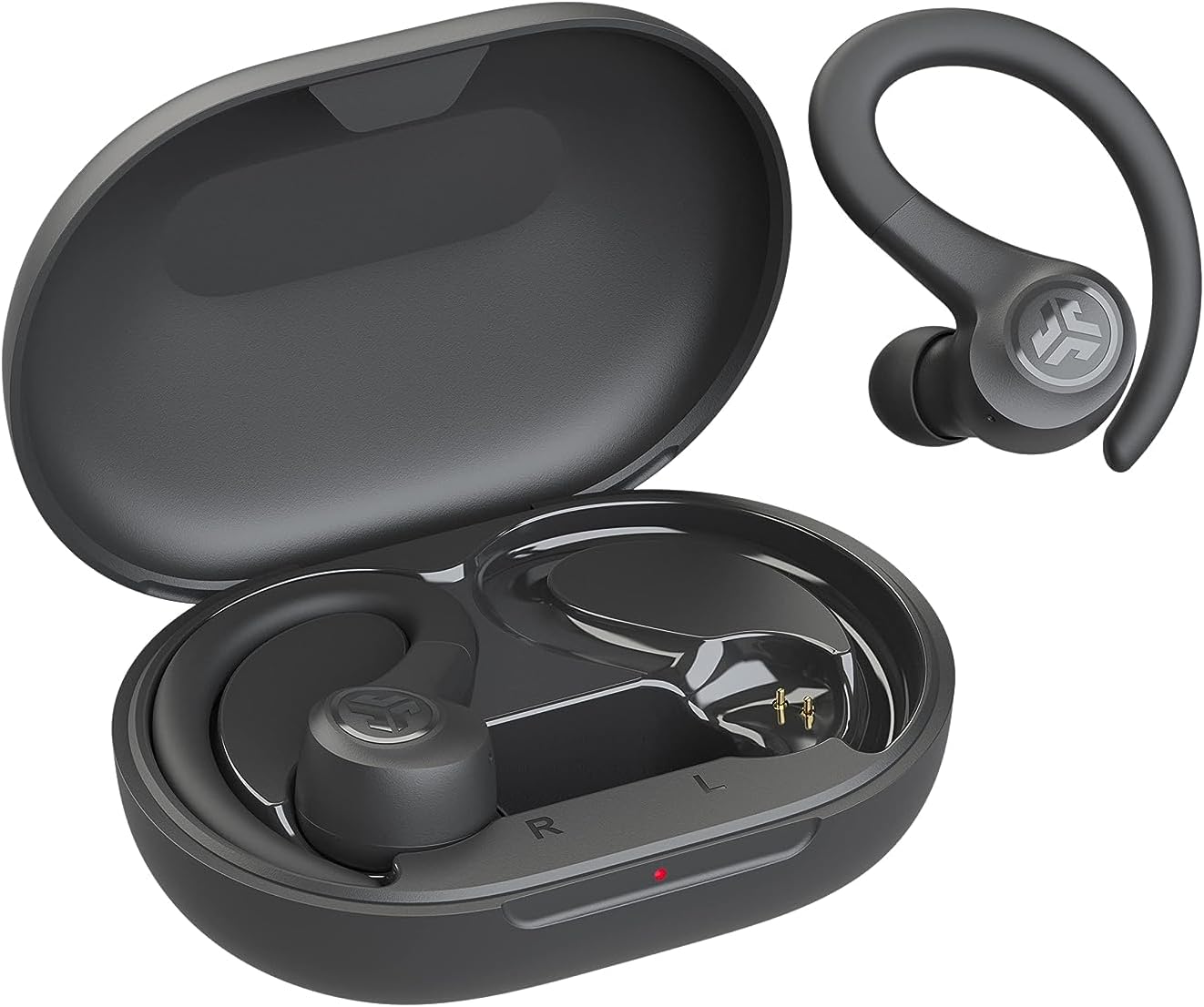 JLab Go Air Sport workout earbuds in graphite black with over-ear sport earhooks and charging case with built-in cable