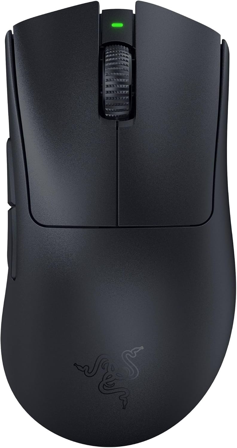 Razer DeathAdder V3 Pro wireless gaming mouse in black with a sculpted right-handed ergonomic shape and two side buttons