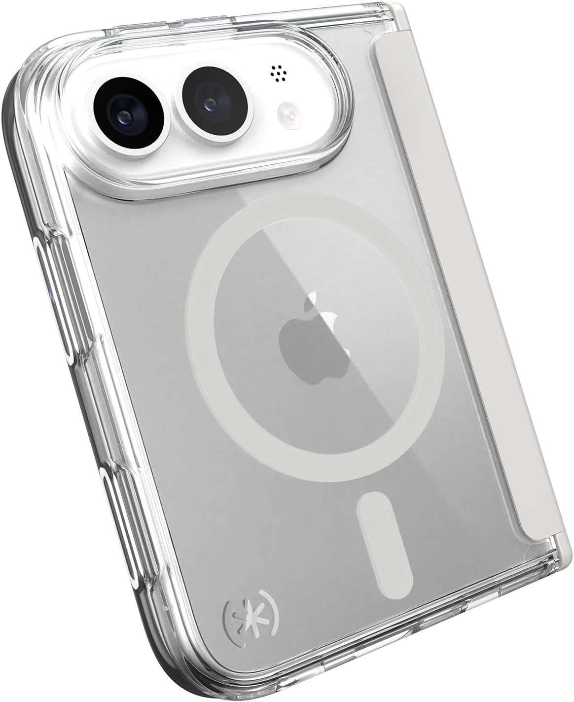 Clear Speck case on a white phone seen from the back at an angle, with a two-lens camera module in a white oval housing at the top left, a circular ring outline and the Apple logo showing through the transparent back, a pale grey strip down the right edge and a small Speck asterisk logo at the bottom left