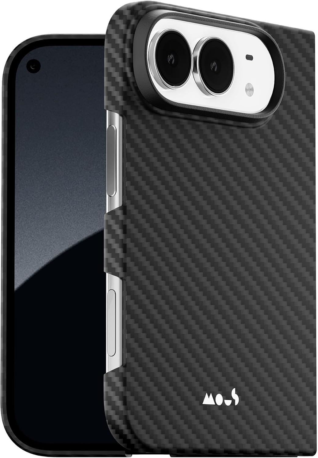 Black Mous case with a woven twill fibre pattern on a phone seen from the back at an angle, with a two-lens camera module in a silver and black surround at the top, two silver side buttons along the left edge and the MOUS logo near the bottom, and the screen side of a second dark phone standing behind it
