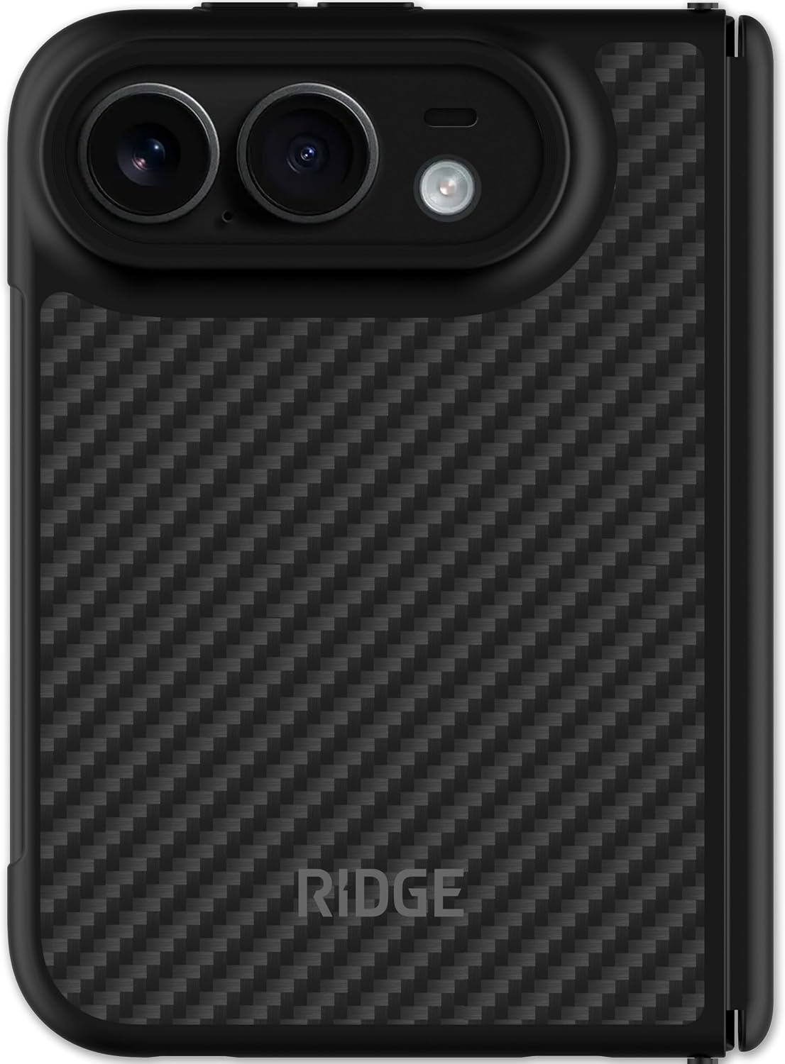 Black Ridge case with a woven twill carbon pattern on a folded phone seen straight on from the back, with a raised black oval camera housing at the top left holding two lenses and a flash, the RIDGE wordmark near the bottom and the folded spine visible down the right edge