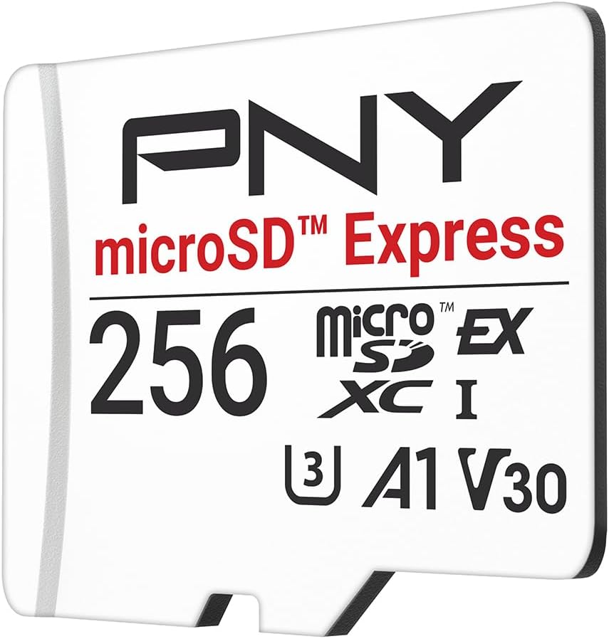 White PNY microSD card standing at an angle, with the PNY logo in black at the top, microSD Express in red beneath it, 256 in large black figures at the lower left and the microSDXC EX I, U3, A1 and V30 marks across the lower right