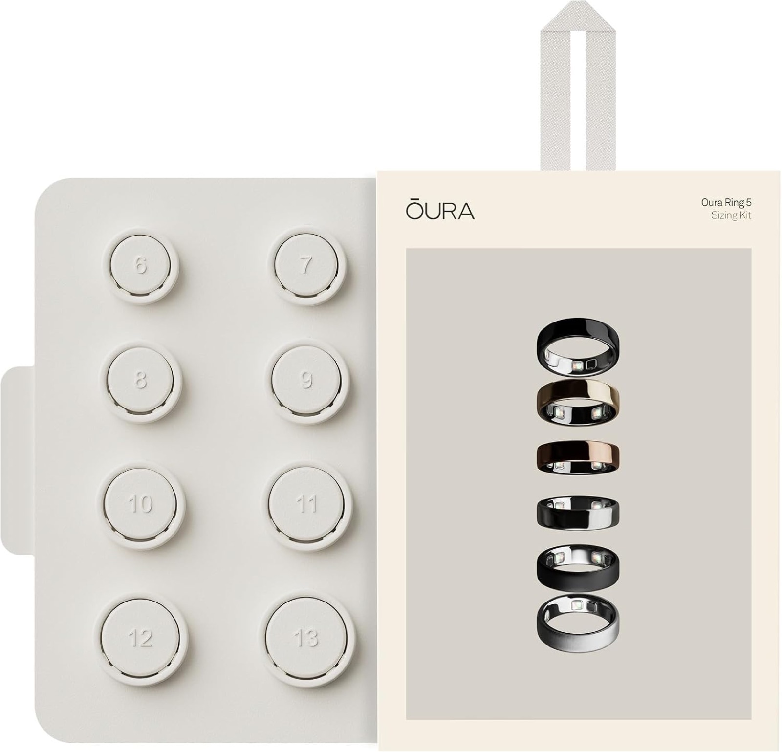 Oura Ring 5 Sizing Kit box with a set of plastic try-on ring sizers in Oura's unique size range