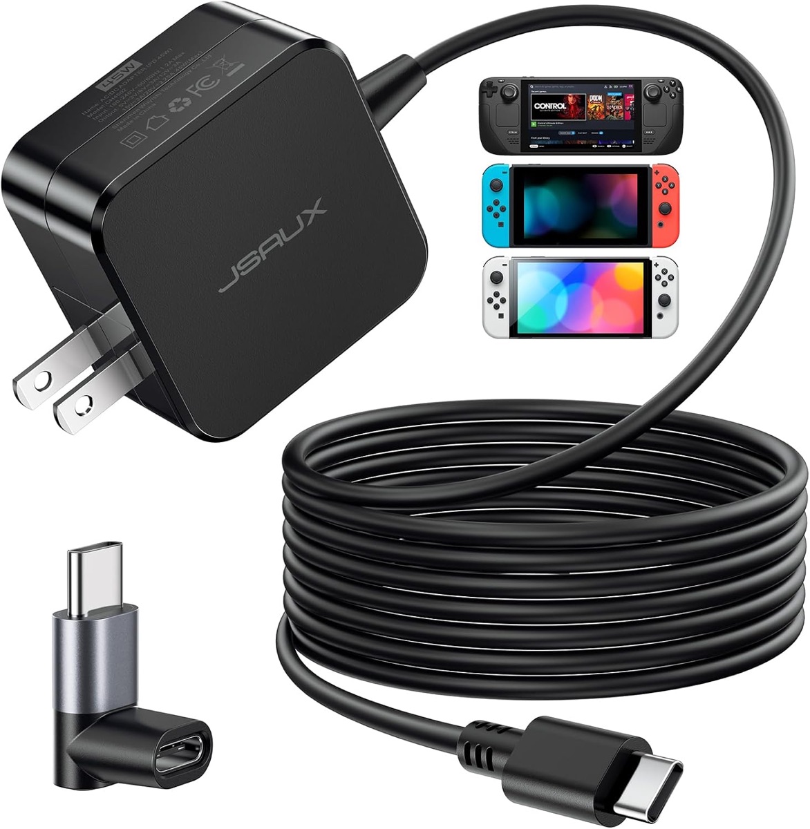 JSAUX 45W USB-C PD charger with its built-in ten-foot cable, the stand-in for the power supply Valve does not ship with the Steam Frame