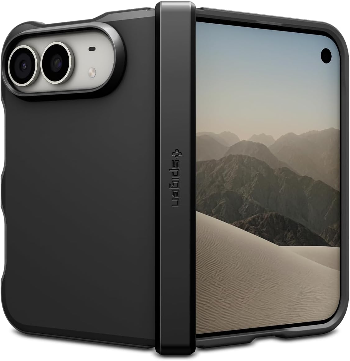 Black Spigen Tough Armor Pro MagFit case on a foldable phone opened partway, seen from the hinge: the two-lens camera module on the left half, the Spigen-branded hinge cover in the centre, the outer display showing a desert landscape on the right