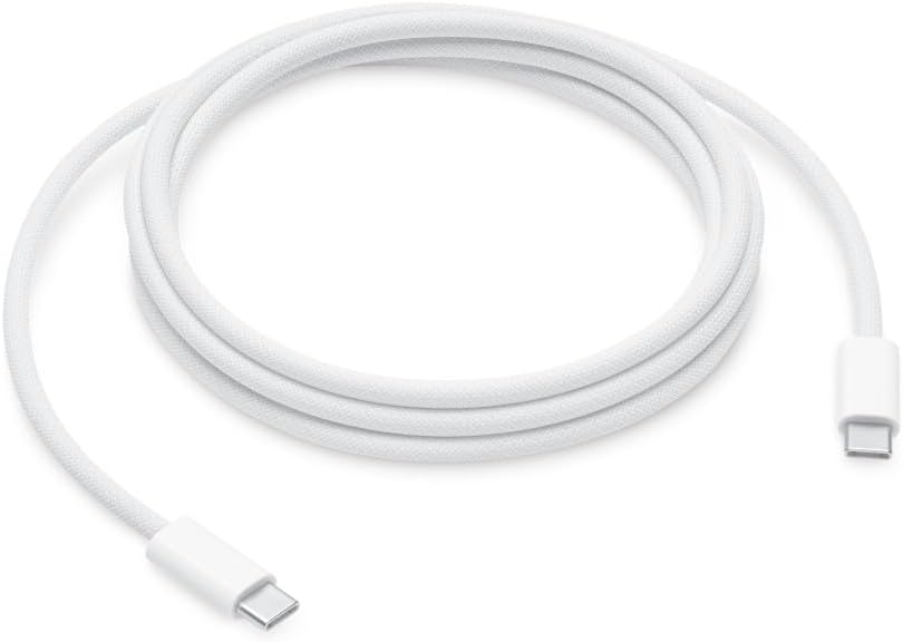 White woven USB-C to USB-C charge cable coiled in a loop on a white background, with a USB-C connector at each end