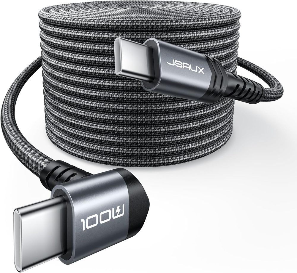 Coiled grey braided JSAUX USB-C cable with a right-angle plug marked 100W at one end