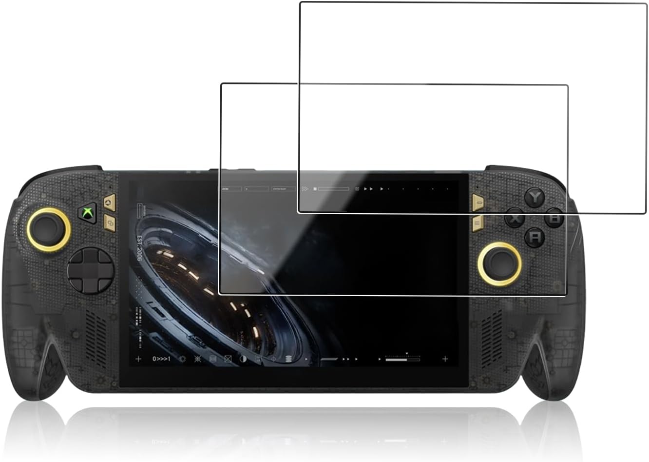 Two clear glass screen protectors above a handheld in translucent black with gold rings around its joysticks