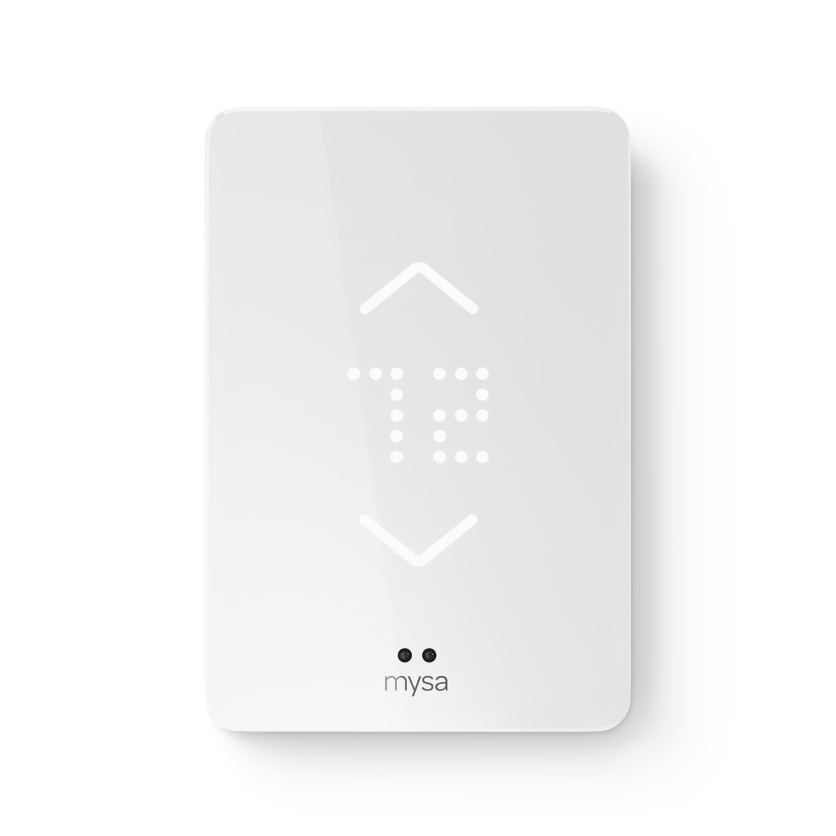 Mysa baseboard smart thermostat, an upright white panel with touch chevrons above and below a dot-matrix temperature readout and the mysa wordmark at the bottom