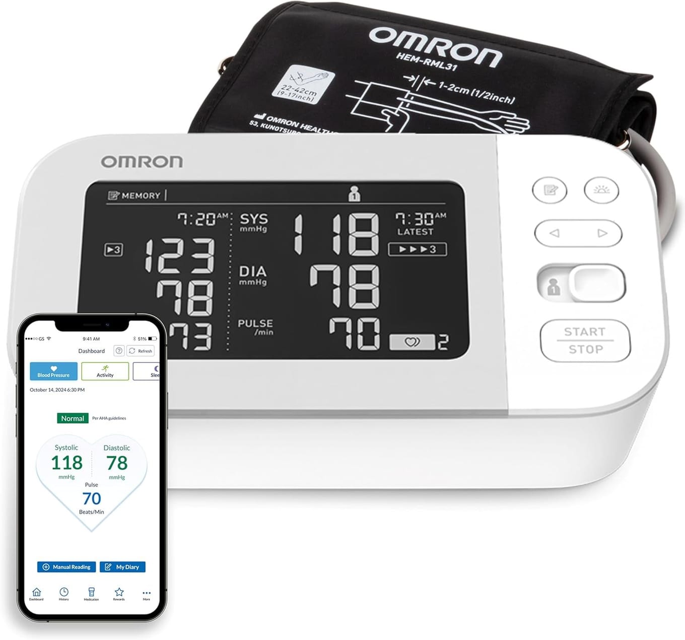 OMRON Platinum upper-arm blood pressure monitor with backlit display and gray cuff