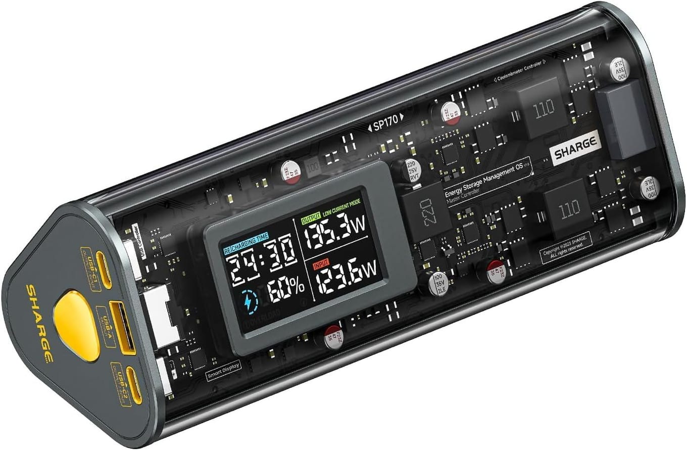 Shargeek 170 transparent power bank showing internal circuit board and battery cells with digital display