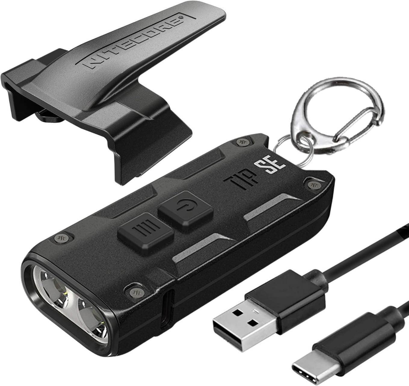 Nitecore TIP SE dual-LED keychain flashlight in black with USB-C port and removable pocket clip