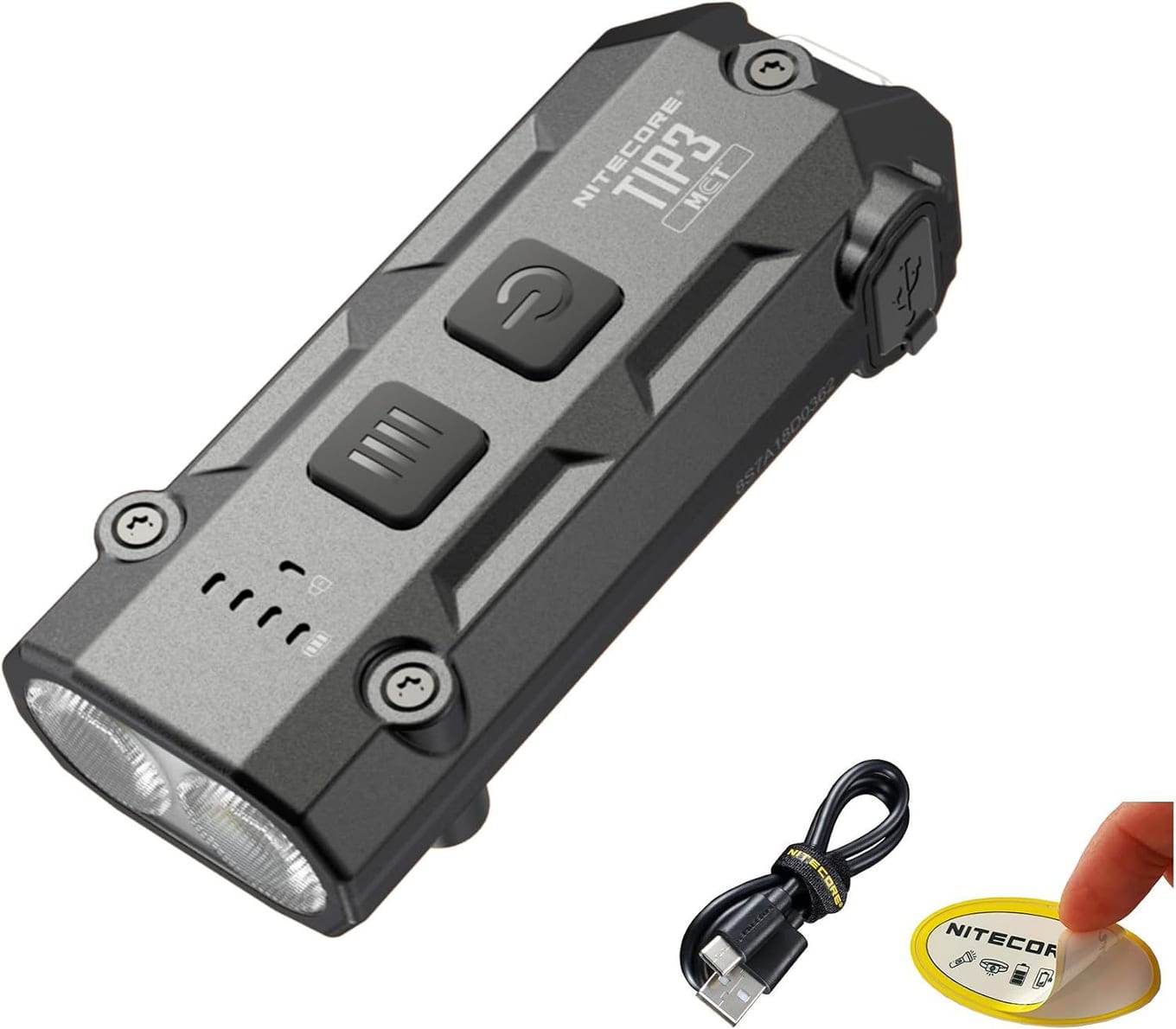 Nitecore TIP3 keychain flashlight in gray-black aluminum with two-button controls, battery indicator and covered USB-C port