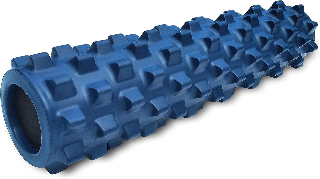 RumbleRoller Original 22-inch blue textured foam roller covered in firm flexible bumps for deep tissue massage