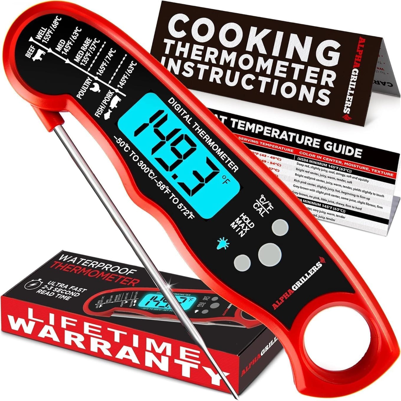 Alpha Grillers digital instant read meat thermometer with folding probe and backlit display