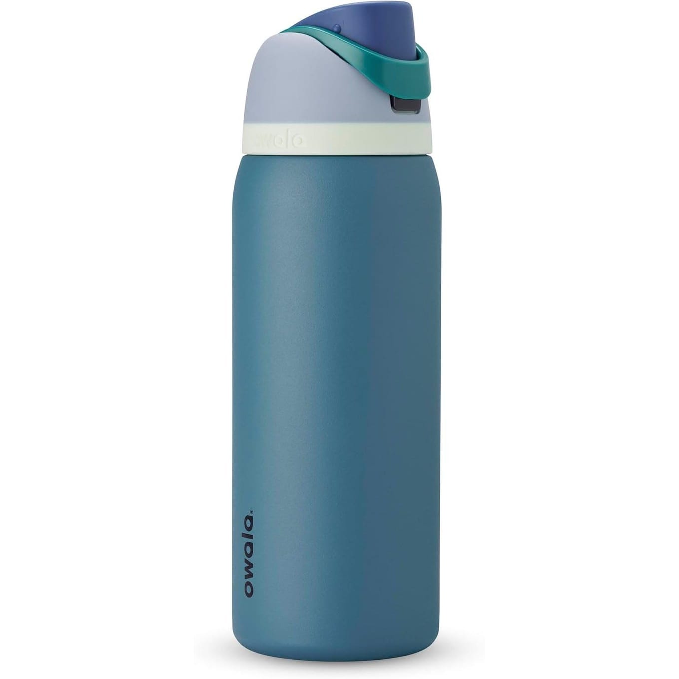 Owala FreeSip 32oz insulated water bottle in Denim, with push-button flip-top lid and carry loop