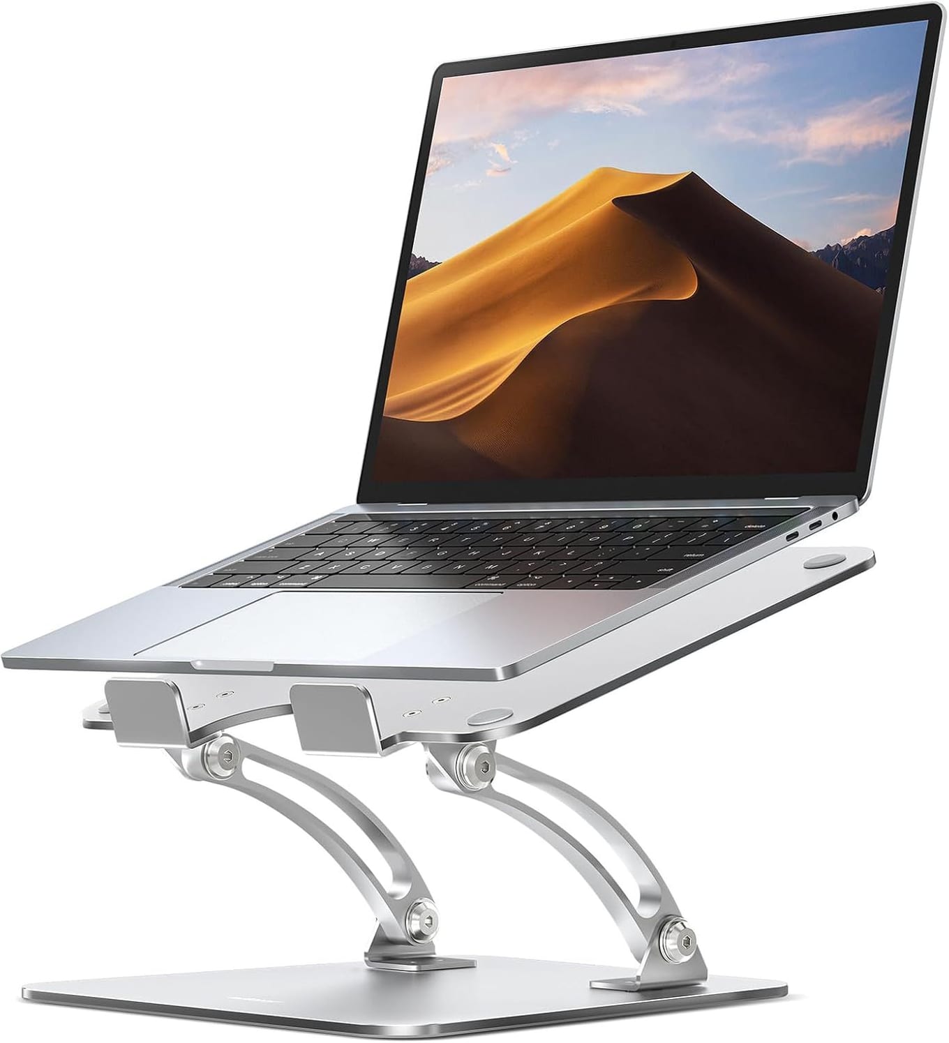 Nulaxy C1 grey aluminum laptop stand with dual adjustable hinged arms and a ventilated cradle holding a laptop on a desk
