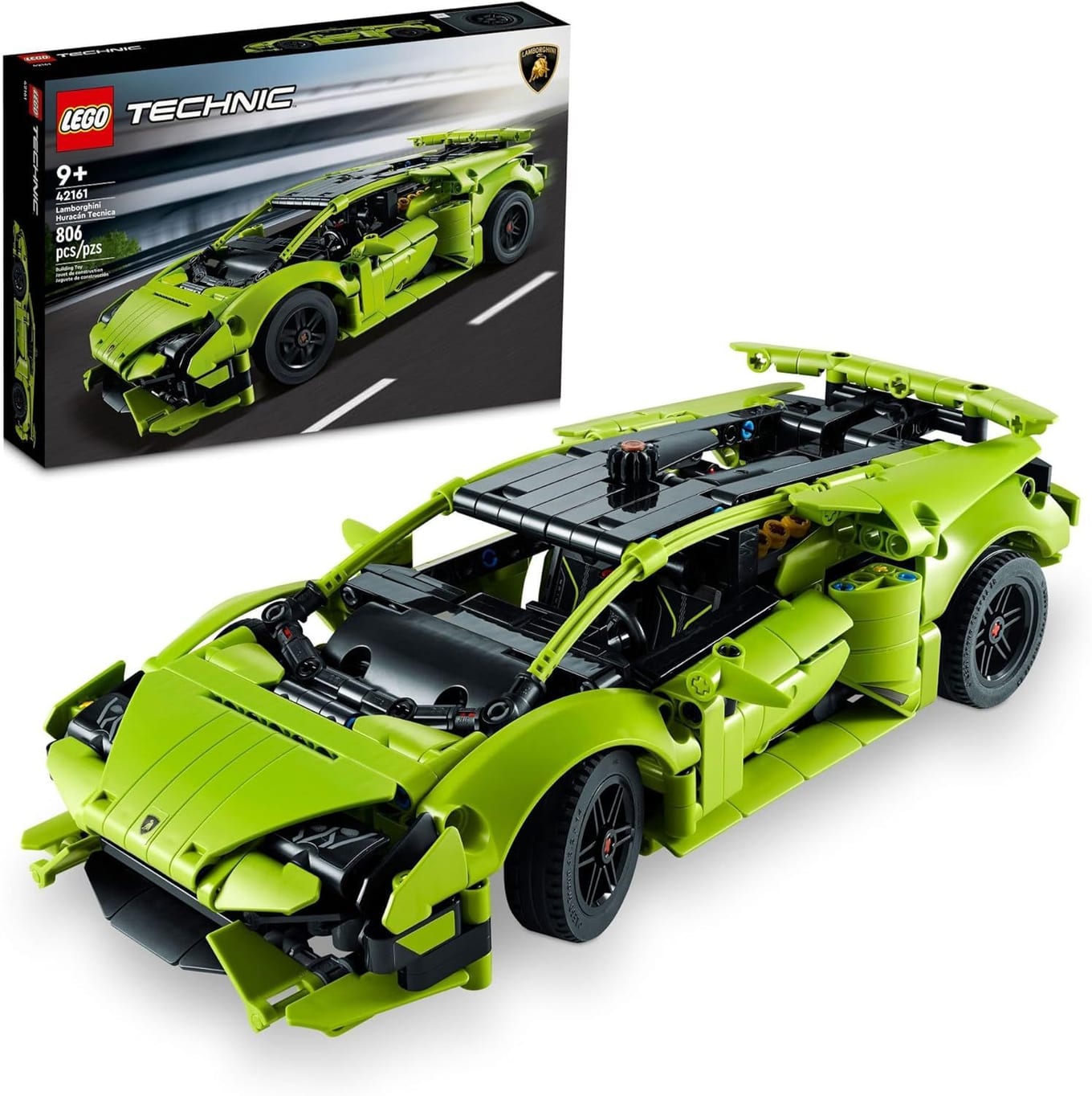 LEGO Technic 42161 Lamborghini Huracán Tecnica green sports car model with opening doors, hood and rear engine cover visible