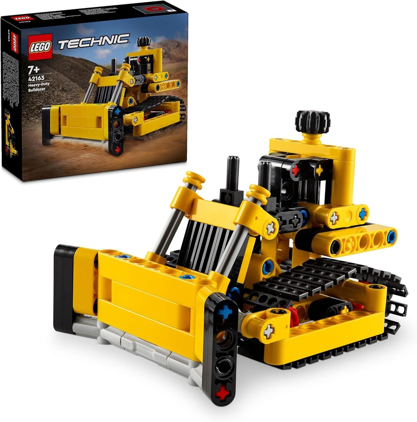 LEGO Technic 42163 Heavy-Duty Bulldozer yellow construction vehicle model with raised blade and tracked wheels