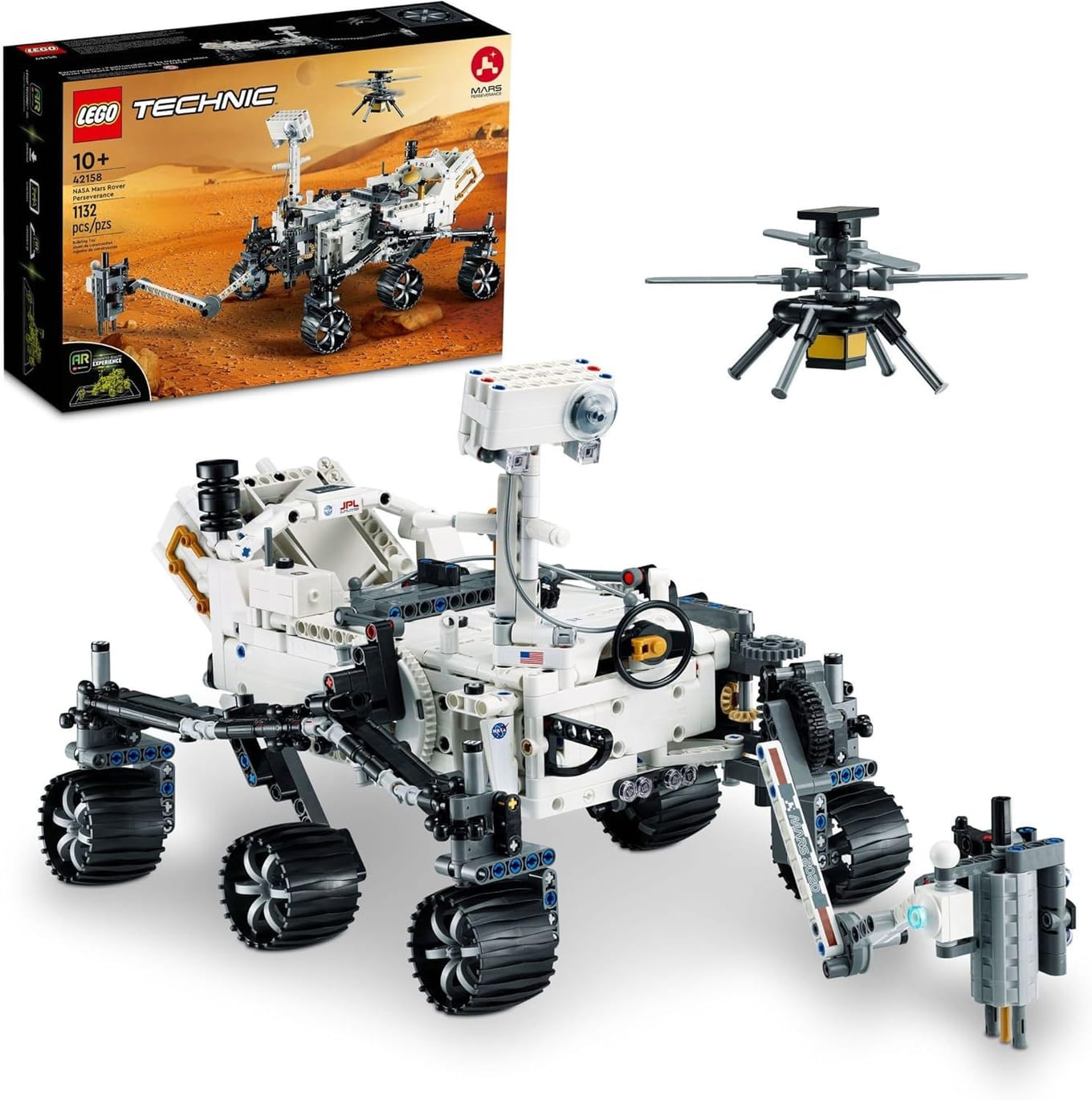 LEGO Technic 42158 NASA Mars Rover Perseverance grey and silver Mars rover model with extended robotic arm and rocker-bogie suspension