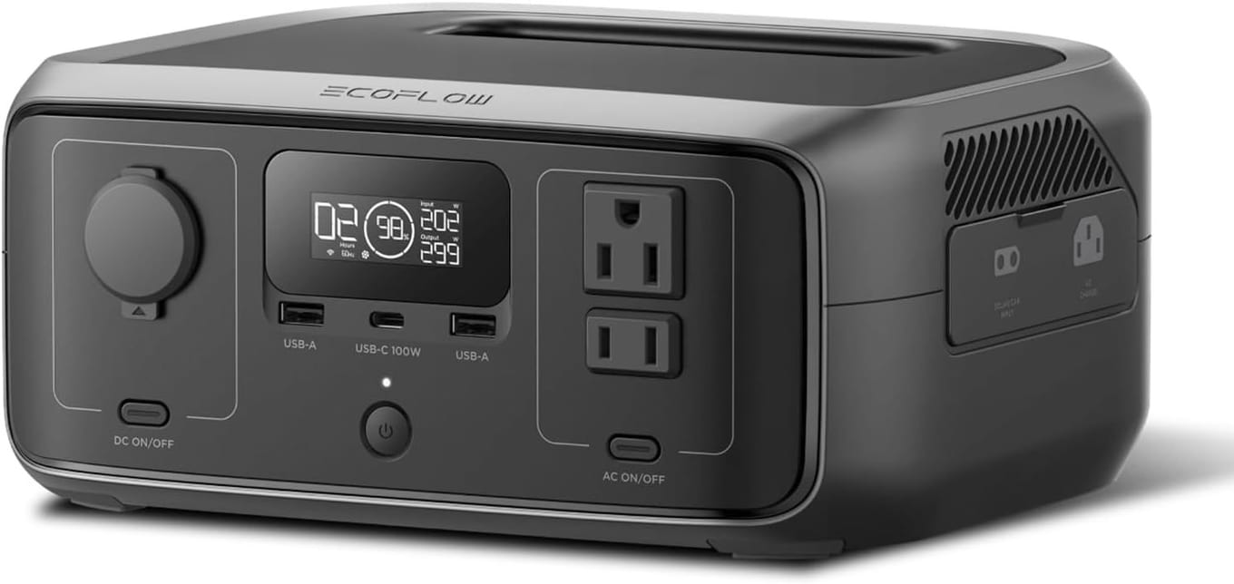 EcoFlow River 3 compact portable power station in dark grey with a carry handle and front-panel AC and USB outlets