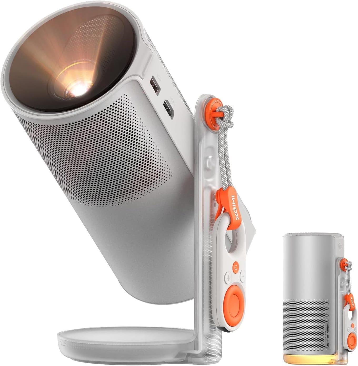 XGIMI MoGo 4 portable projector, a cylindrical white and grey unit on a 360-degree built-in stand tilted upward on a white background