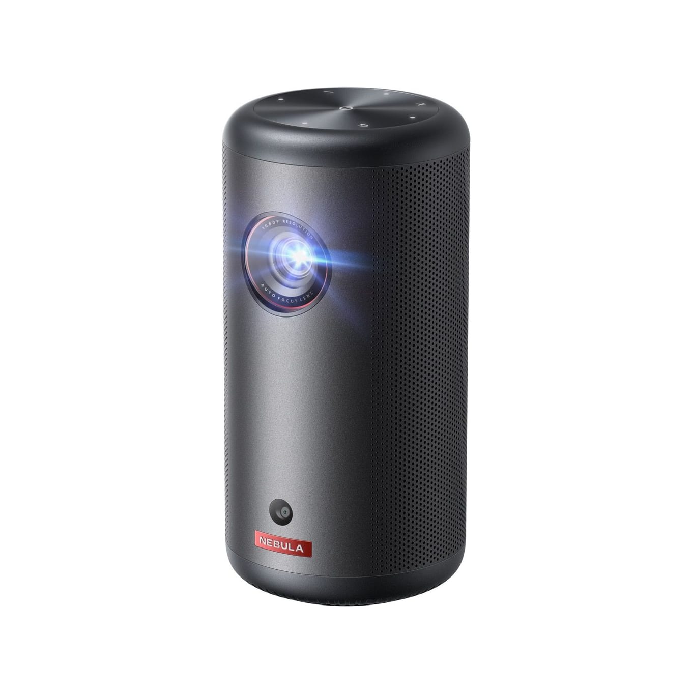 Anker Nebula Capsule 3 portable projector, a dark gray can-shaped unit with an autofocus lens ring and red NEBULA badge, angled on a white background