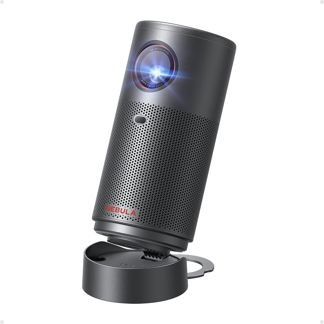 Anker Nebula Capsule Air portable projector, a small black soda-can-sized cylinder shown upright on a white background