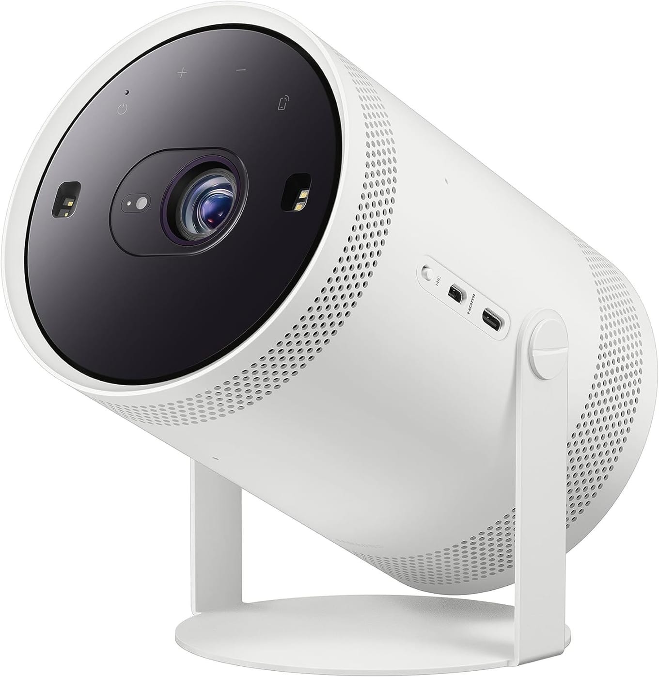 Samsung The Freestyle 2nd Gen portable projector, a white cylindrical unit in a rotating cradle stand angled upward on a white background