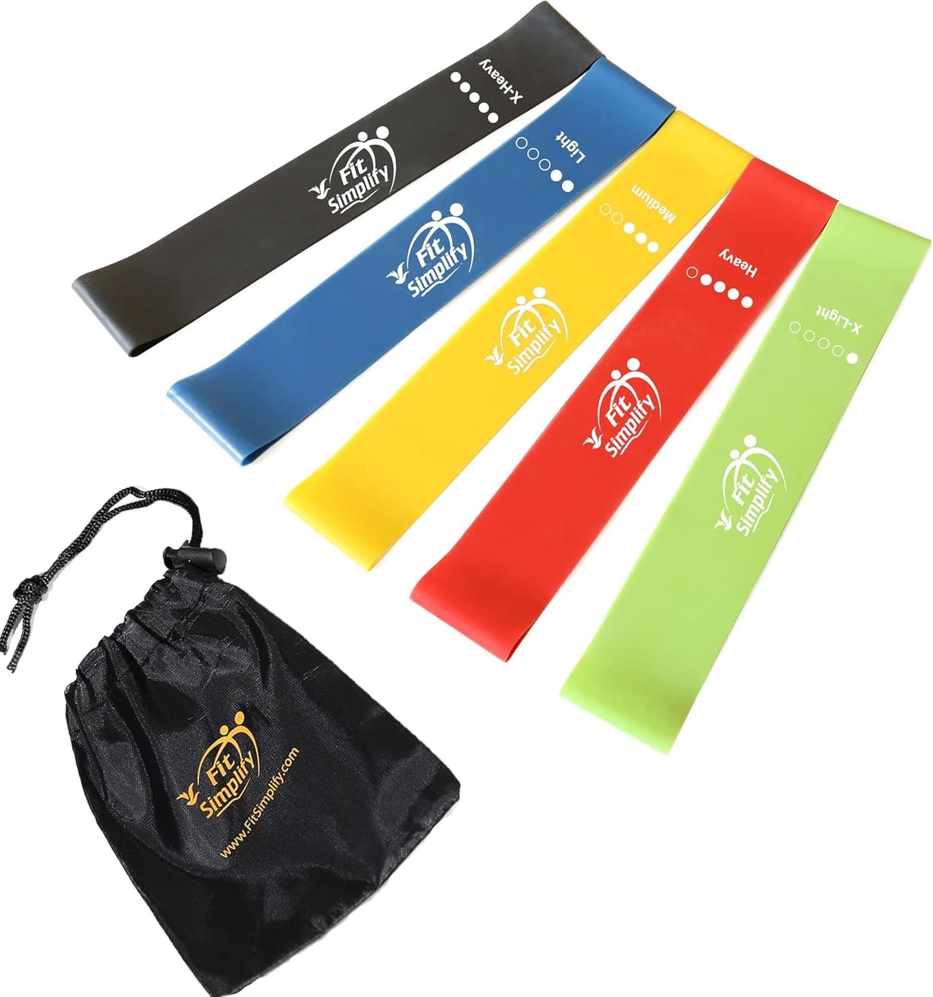 Fit Simplify set of five flat loop resistance bands in black, blue, green, yellow, and red with a drawstring carry pouch