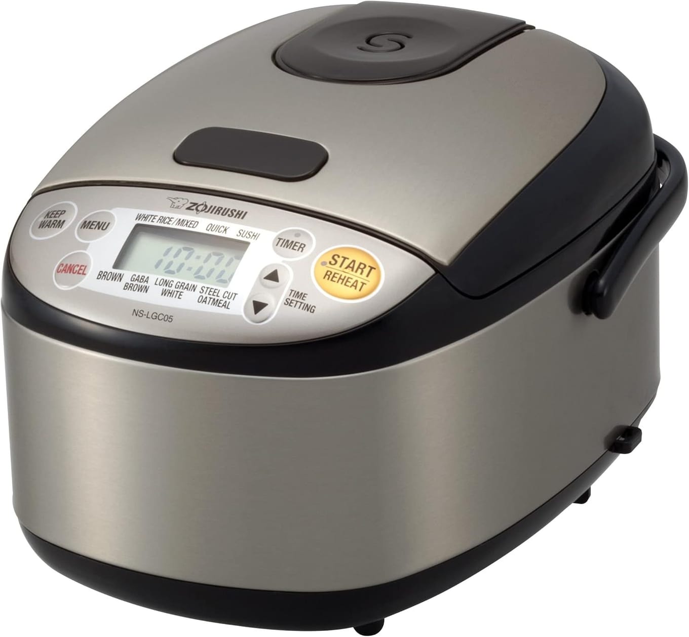 Zojirushi NS-LGC05XB Micom 3-cup rice cooker in stainless black with LCD control panel and rounded body