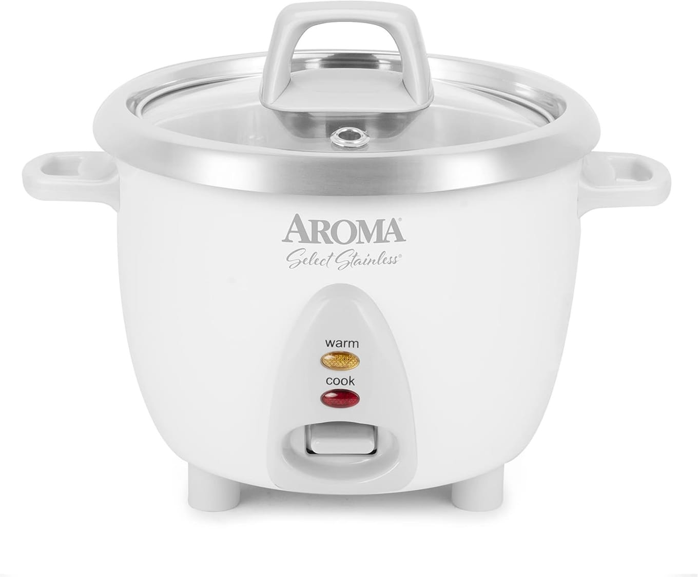 Aroma ARC-753SG stainless steel rice cooker with white base, glass lid, and single-switch control