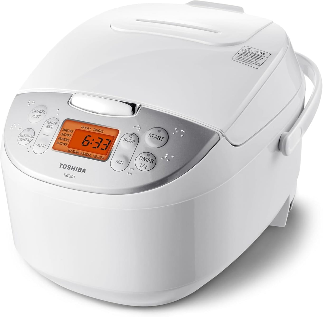 Toshiba TRCS01 6-cup rice cooker in white with digital display, steam basket, and large capacity bowl